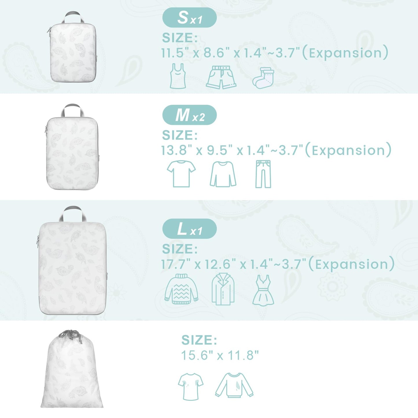 Cambond Compression Packing Cubes for Travel, 5 Pack Luggage Expandable Packing Organizers Compression Cubes for Suitcases with Laundry Bag, White Teardrop-shaped Texture