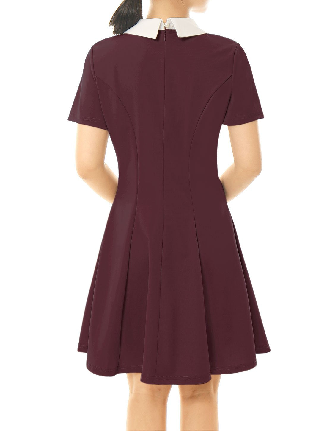 Allegra K Women's Flare Dress Halloween Contrast Peter Pan Collar Short Sleeves Wednesday Addam Dresses X-Small Burgundy