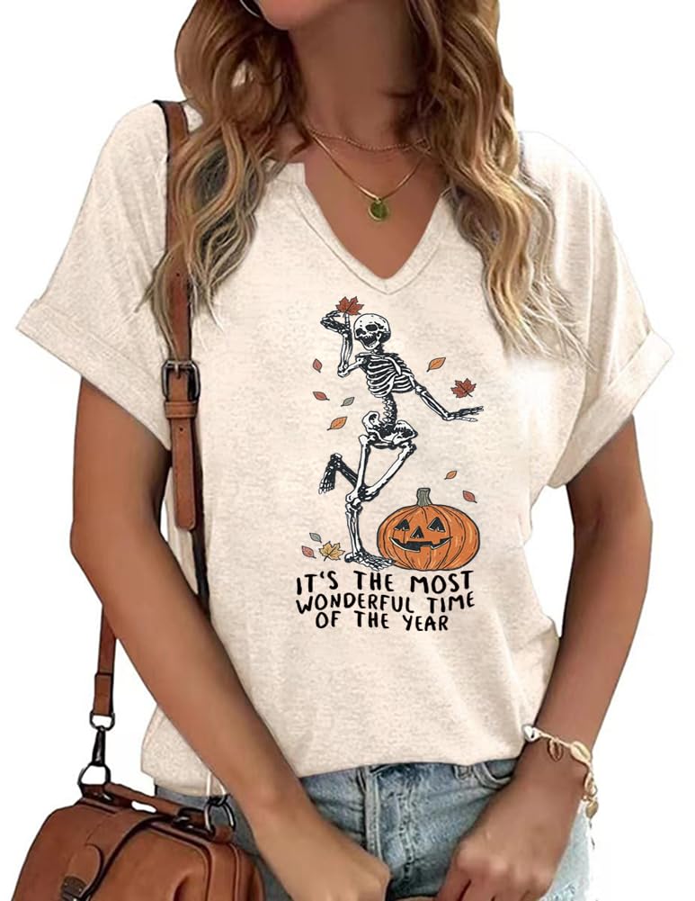 Women Fall T-Shirt V Neck Halloween Pumpkin Shirts Cute Autumn Thanksgiving Graphic Tee Tops(L,Skull-Beige)