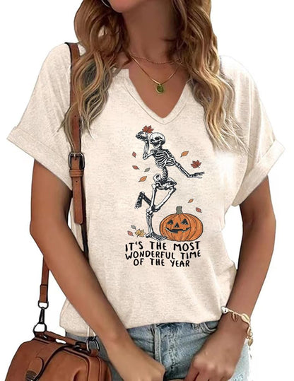 Women Fall T-Shirt V Neck Halloween Pumpkin Shirts Cute Autumn Thanksgiving Graphic Tee Tops(L,Skull-Beige)