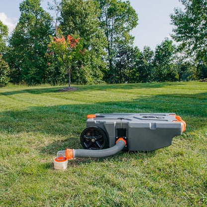 Camco Rhino 36-Gallon Camper/RV Tote Tank - Features Large Heavy-Duty No-Flat Wheels & Built-In Gate Valve - Removable Steel Tow Adapter, 3’ Sewer Hose & More RV Accessories (39006)