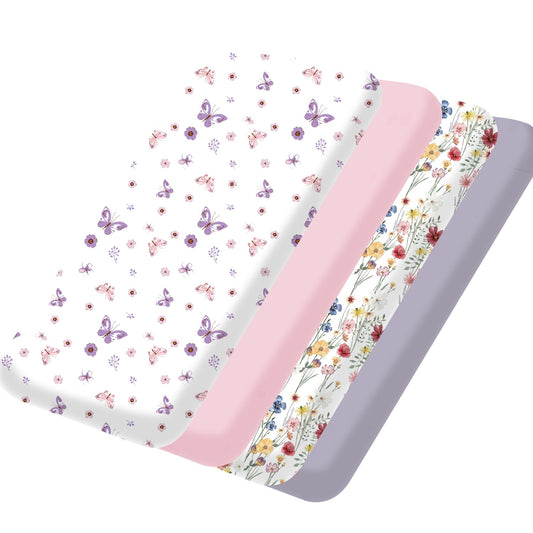 bimocosy Mini Crib Sheets,Pack and Play Sheets for Baby Girl Boy 4 Pack,Size 38"x 26" for Playard Mattress,Portable Mini Crib,Soft Pack N Play Sheets Fitted,Butterfly/Floral/Pink/Purple