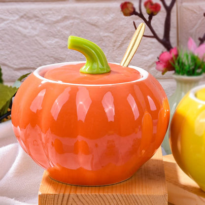 Whitenesser Porcelain Sugar Bowls with Lid and Spoons, Pumpkin Shape Ceramic Salt Bowl for Home and Kitchen Elegant Design Orange 10.5 OZ (300 ML)