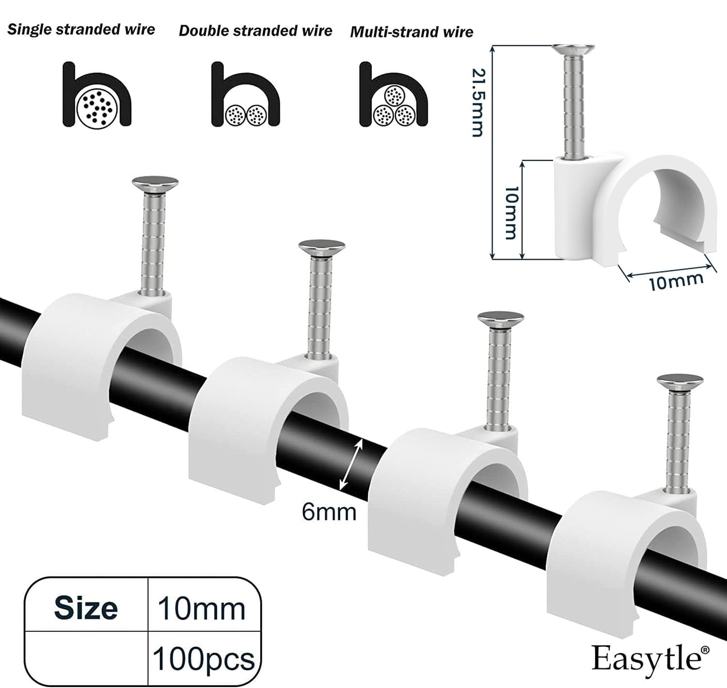 Cable Clips 10mm Nail in Cable Holder Clip 100 Pcs Wire Clips Speaker Tacks for Cords Coax Clamps Ethernet Cord Tacks RG6 RG59 CAT6 RJ45 Wall Wire Organizer