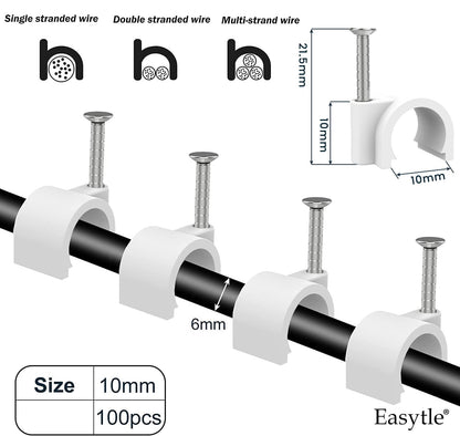 Cable Clips 10mm Nail in Cable Holder Clip 100 Pcs Wire Clips Speaker Tacks for Cords Coax Clamps Ethernet Cord Tacks RG6 RG59 CAT6 RJ45 Wall Wire Organizer