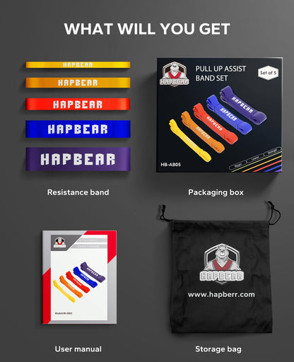 HAPBEAR Pull Up Assistance Bands - Pull Up Bands - Resistance Bands - Exercise Bands Resistance Bands Set of 5 - Workout Bands for Working Out, Stretching, Muscle Training