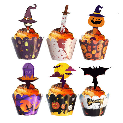 48 Pieces Halloween Cupcake Toppers Cupcake Wrappers Kit for Halloween Cake Decoration