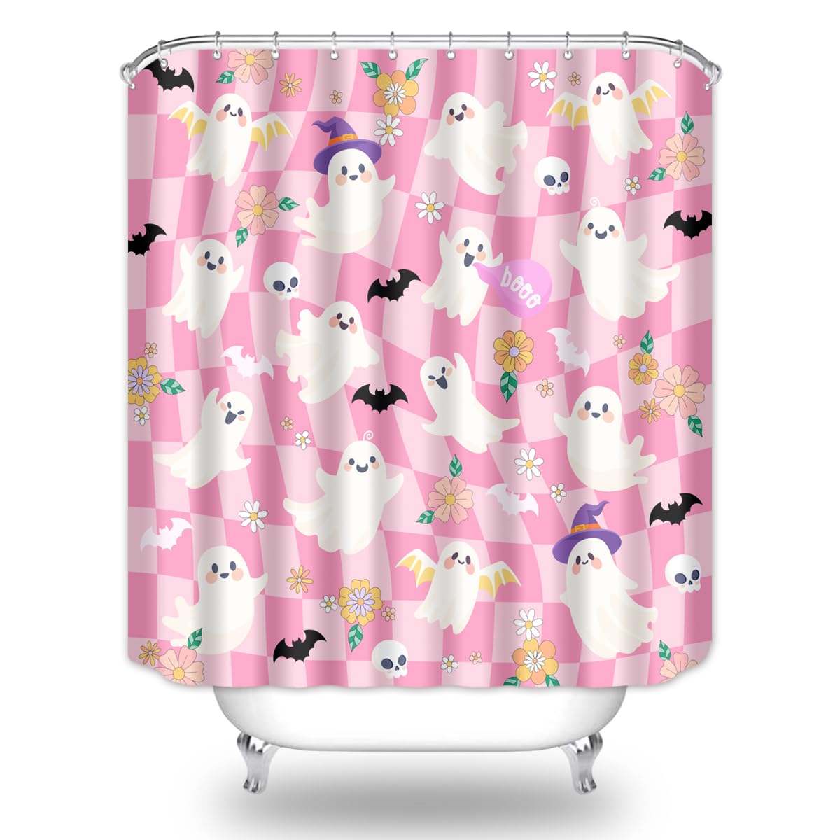 BIYSUC Halloween Ghost Shower Curtain Spooky Cute Funny Pink Checkered Retro Flower Skull Bat Trick or Treat Home Bathroom Decor Waterproof Polyester Fabric 72Lx72W Inch with Plastic Hooks
