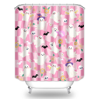 BIYSUC Halloween Ghost Shower Curtain Spooky Cute Funny Pink Checkered Retro Flower Skull Bat Trick or Treat Home Bathroom Decor Waterproof Polyester Fabric 72Lx72W Inch with Plastic Hooks