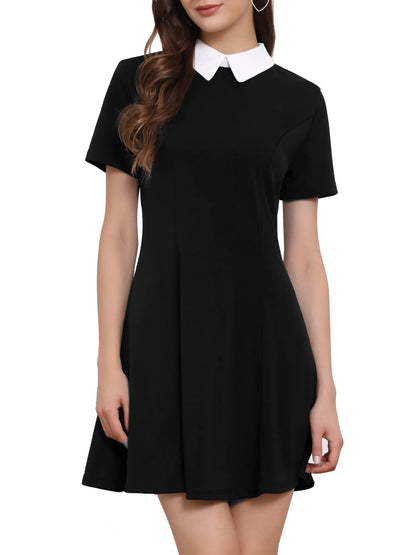 Allegra K Women's Flare Dress Halloween Contrast Peter Pan Collar Short Sleeves Wednesday Addam Dresses Medium Black