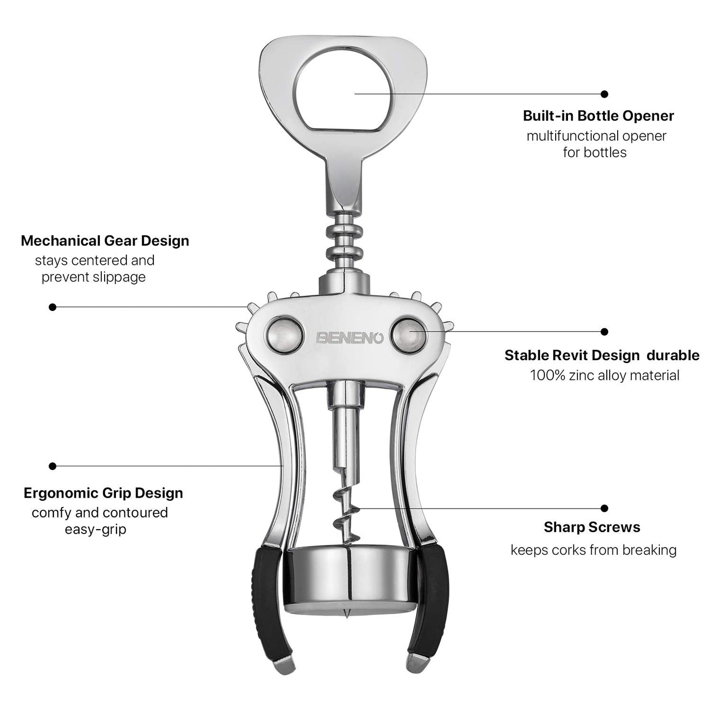 Beneno Wine Opener, Zinc Alloy Premium Wing Corkscrew with Multifunctional Bottles Opener, Sharp Wine Corkscrew with Ergonomic Non-Slip Wing Handle, Upgrade