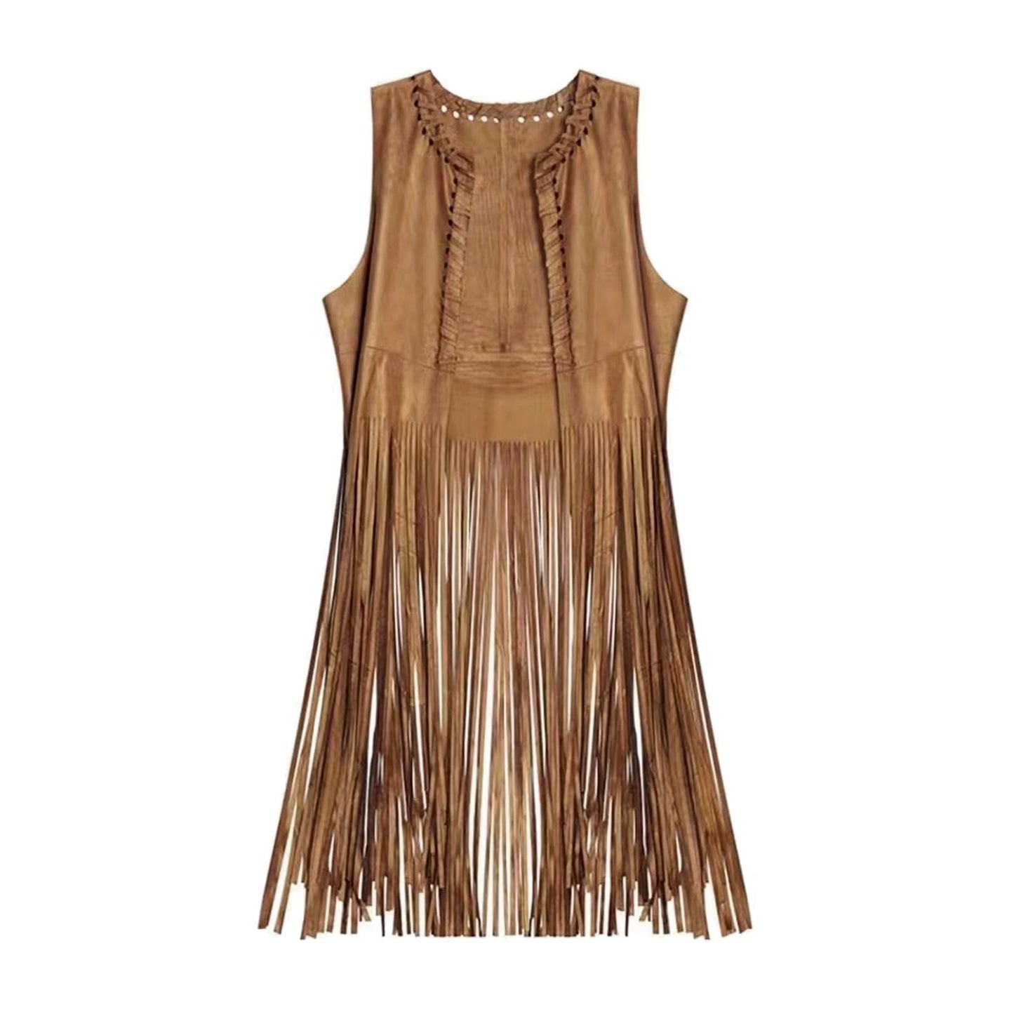 Women's Fringe Vest 70s Hippie Costume Faux Suede Sleeveless Tassel Long Cardigan Jacket Cowgirl Western Tops Halloween Khaki