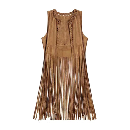 Women's Fringe Vest 70s Hippie Costume Faux Suede Sleeveless Tassel Long Cardigan Jacket Cowgirl Western Tops Halloween Khaki