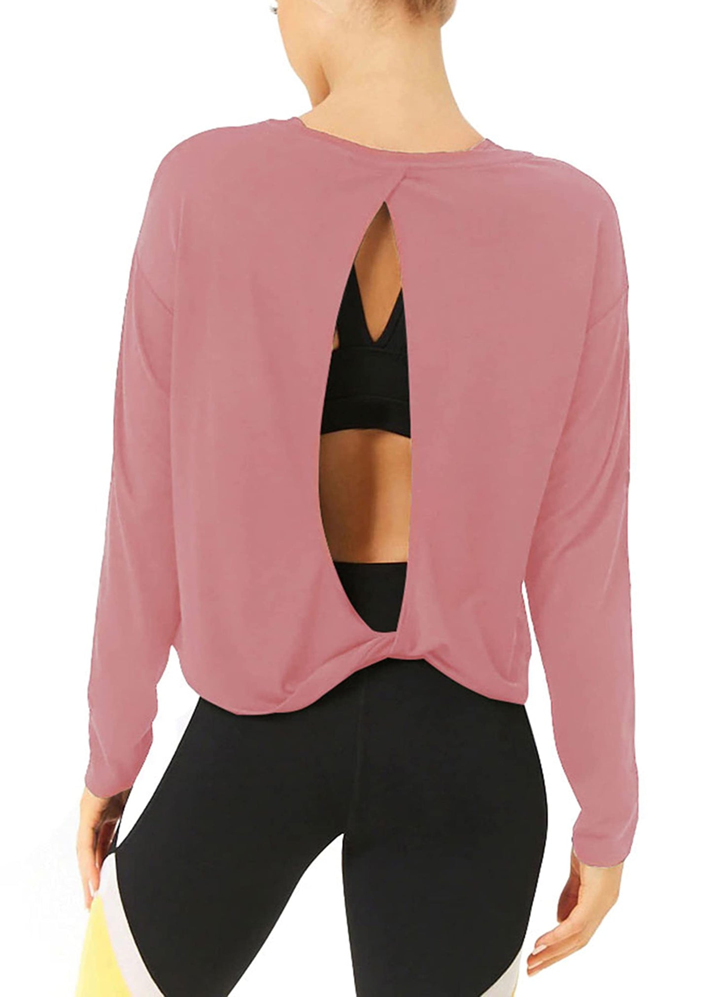 Bestisun Long Sleeve Workout Clothes Open Back Athletic Shirts Backless Yoga Tops for Women Pink M