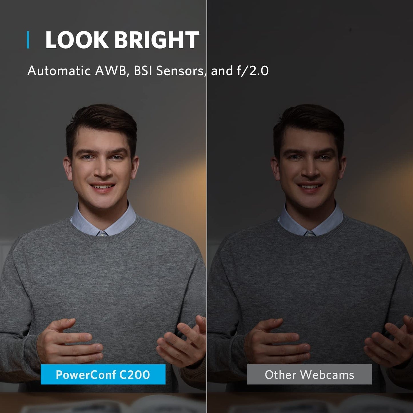 Anker PowerConf C200 2K Webcam for PC/Laptop/Mac, Computer Camera, Low-Light Correction, AI-Noise Canceling Mics, Adjustable Field of View, Built-in Privacy Cover, Stereo Mics, for Meeting