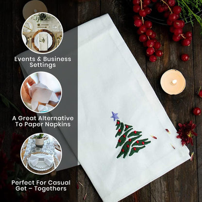 Candy Cottons Christmas Cloth Napkins White Dining Table Dinner Napkins|Washable Cotton Napkins Easter Basket Decor|Christmas Tree Embroidered 18x18 in White Pk of 6 Cocktail Party Napkins