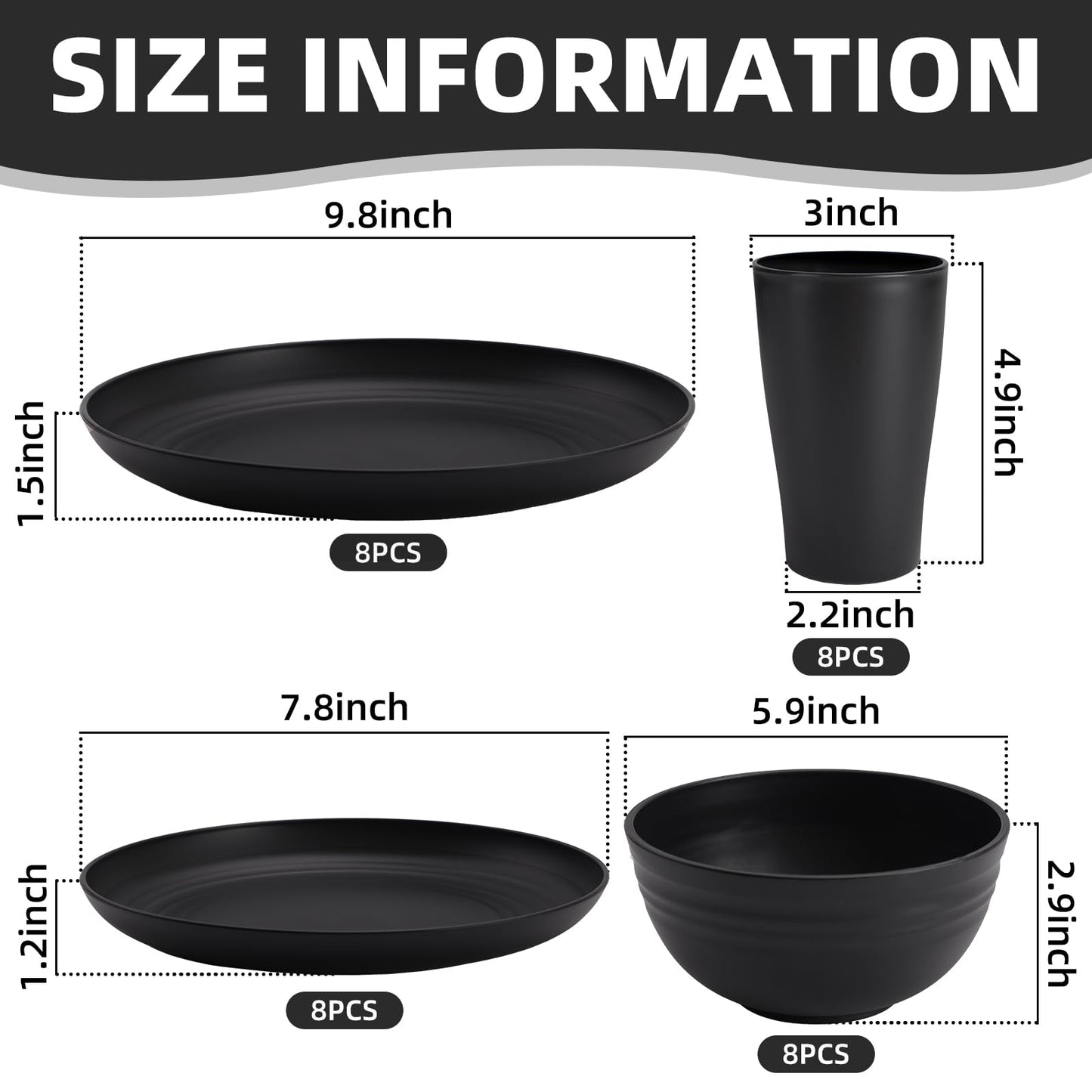Black Plates and Bowls Sets for 8,Wheat Straw Dinnerware Sets Black Plastic Reusable Dishwasher Safe for Kitchen Halloween Camping,32 Pcs Lightweight Unbreakable Plastic Dishes Set Outdoor