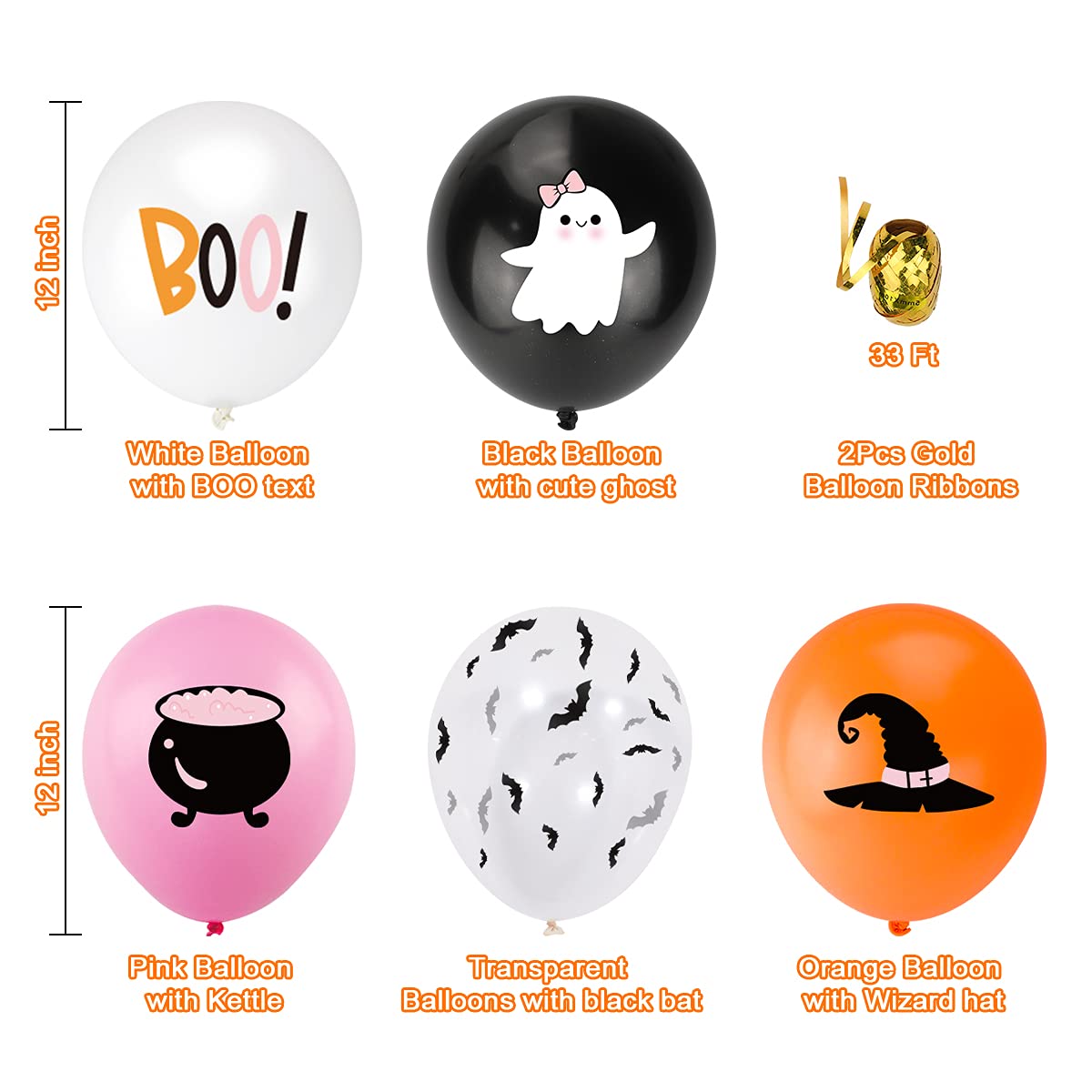 50Pcs Halloween Balloons Decor Girls Halloween Pink Orange Black White Latex Balloon with Ghost Witch Cauldron Bat Printed for Halloween Baby Shower Happy Boo Day Spooky One Two Spooky Party Supplies