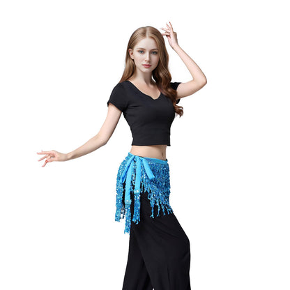 Belly Dance Hip Scarf Sequin Tassel Skirt Performance Outfits Sparkly Fringe Wrap Halloween Costume Party Rave Festival for Women and Girls, Blue