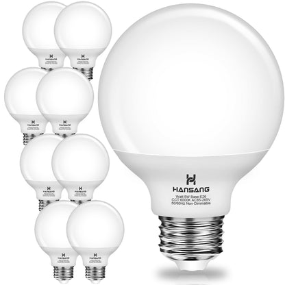 hansang 8 Pack G25 LED Vanity Light Bulbs, 6000K Cool Daylight, Globe Light Bulb 60W Incandescent Equivalent, 5W Round Light Bulb for Bathroom, E26 Standard Base, 500LM, CRI 85+, Non-Dimmable