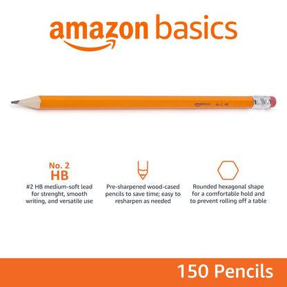 Amazon Basics Wood-Cased #2 Pencils, Pre-sharpened, HB Lead Bulk Box, 150 Count, Yellow
