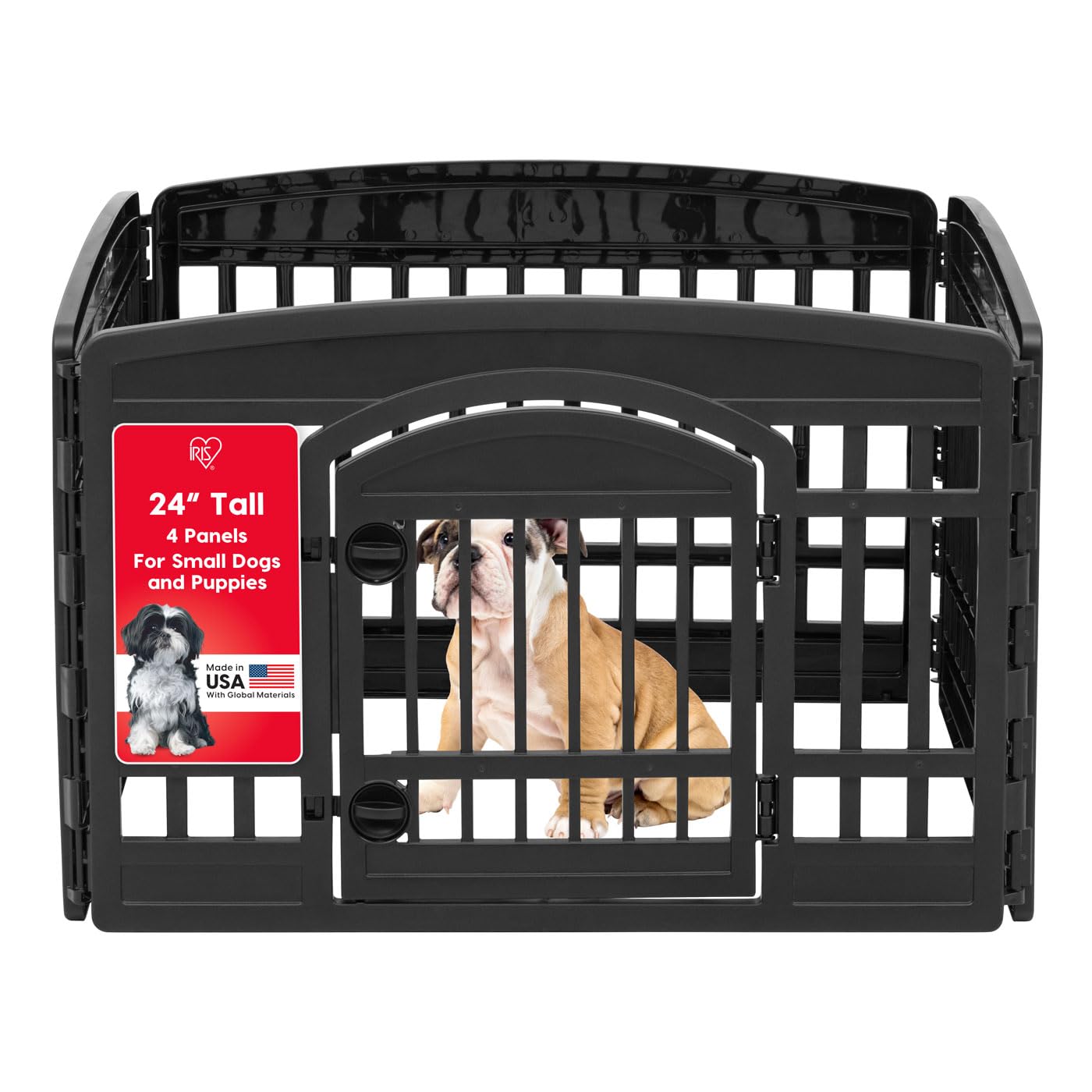 IRIS USA 24" 4-Panel Dog Playpen with Door, 35 x 35 x 24, Puppy Playpen, Dog Play Pen Indoors, Pet Fence, Puppies/Small Dogs, Black