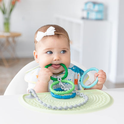 Bumkins Baby Teething Freezer Toy Keys Rings, Soft Flexible Pacifier to Chew, Cool Teether Gum Relief, Babies 3 Months, Freezable, Platinum Cured Silicone, Sensory Bracelet, 4-pk Blue and Green