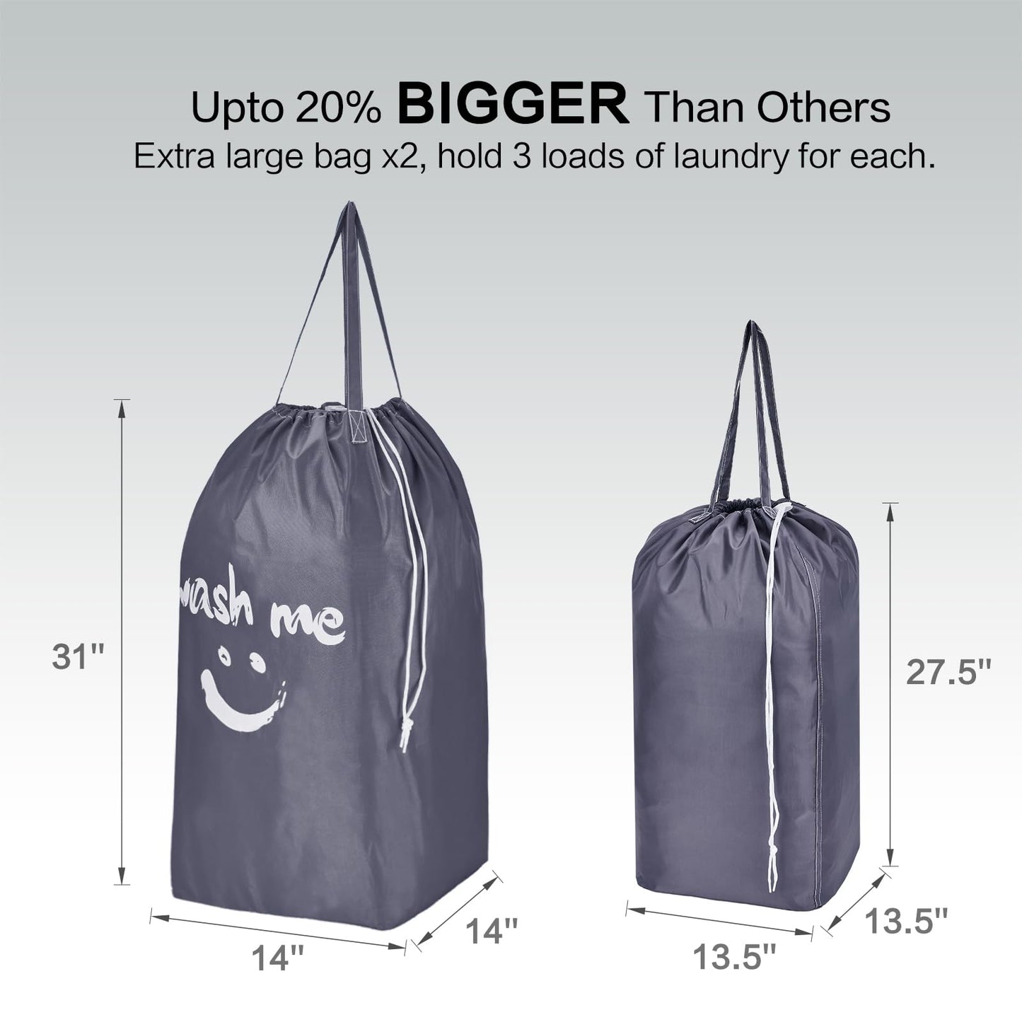 HOMEST 2 Pack Wash Me Travel Laundry Bag with Handles, Square Base Can Carry Up to 3 Loads of Clothes, Dirty Garments Storage with Drawstring Closure,Light Blue and Grey