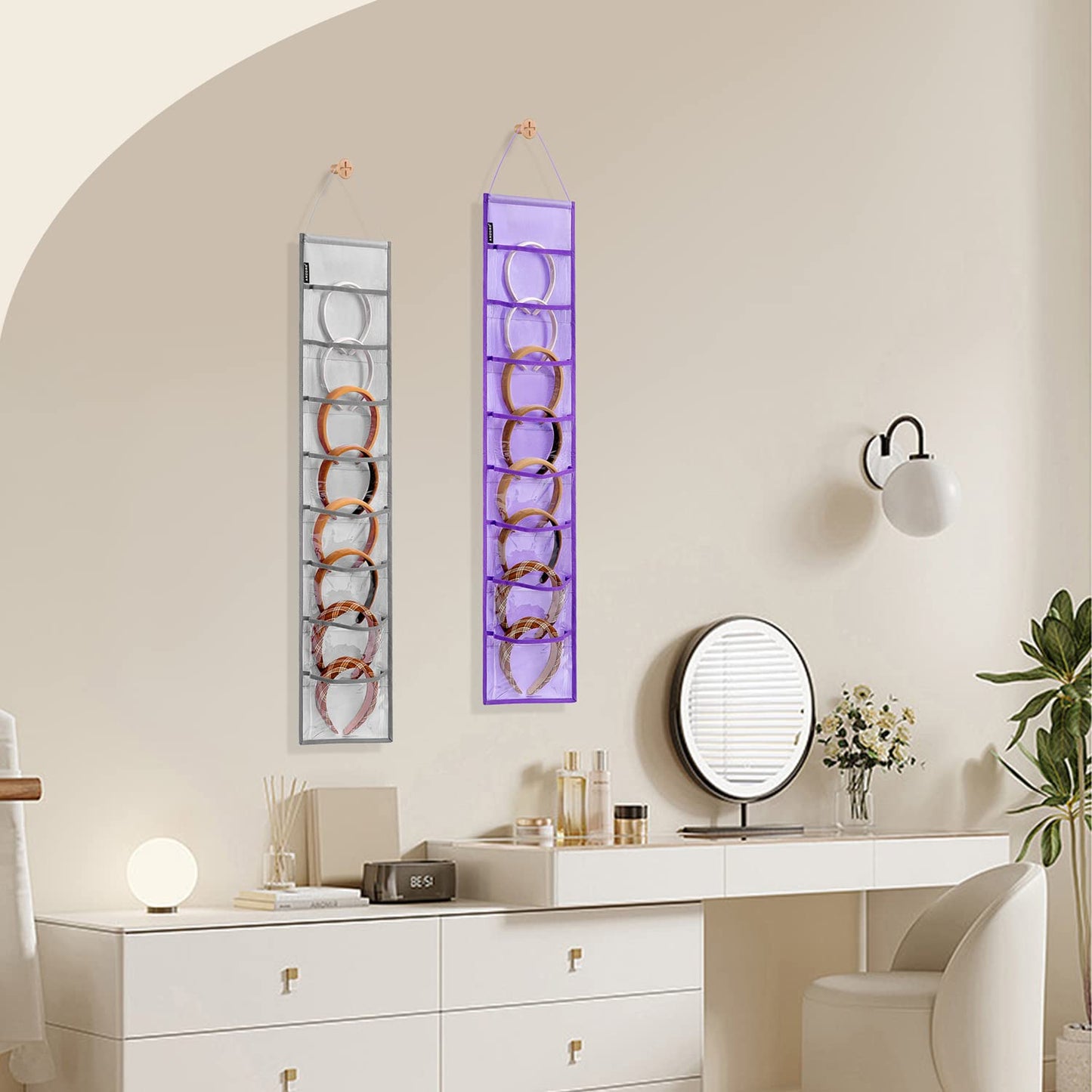 ANZORG Wall Hanging Headband Organizer Ribbon Hair Hoops Storage Hairbands Hair Accessory Holder with Clear Pockets (GREY-8 POCKETS-2 Pack)