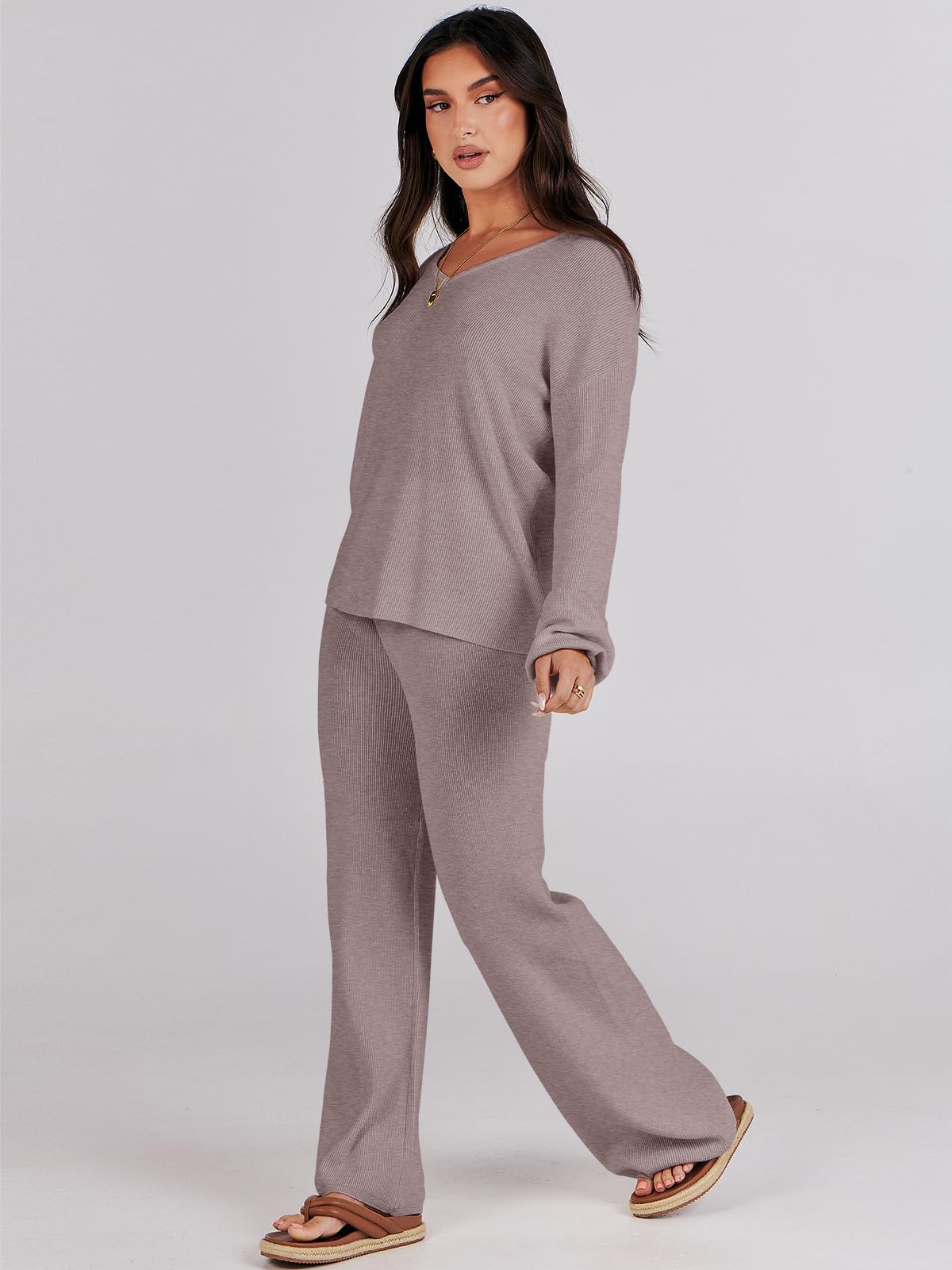 ANRABESS Women 2 Piece Outfits Sweater Lounge Sets Long Sleeve Cable Knit Pullover and Wide Leg Pants Tracksuit Matching Set Medium