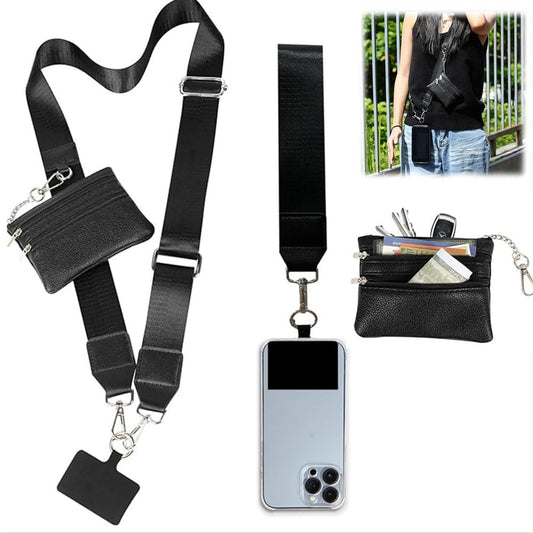 Baeleega Phone Strap Crossbody Lanyard with Zippered Pouch - Universal Cell Phone Lanyard for Neck Shoulder, Adjustable Phone String with Wallet (Black)
