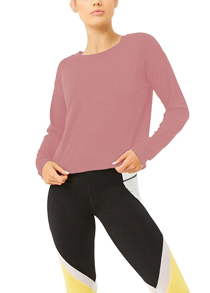 Bestisun Long Sleeve Workout Clothes Open Back Athletic Shirts Backless Yoga Tops for Women Pink M