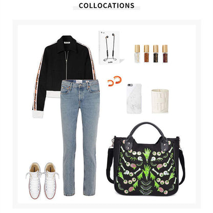 Women Fashion Rivet Handbag Purse Canvas Punk Tote with Shoulder Strap Crossbody Bag Large Capacity Black (Green)