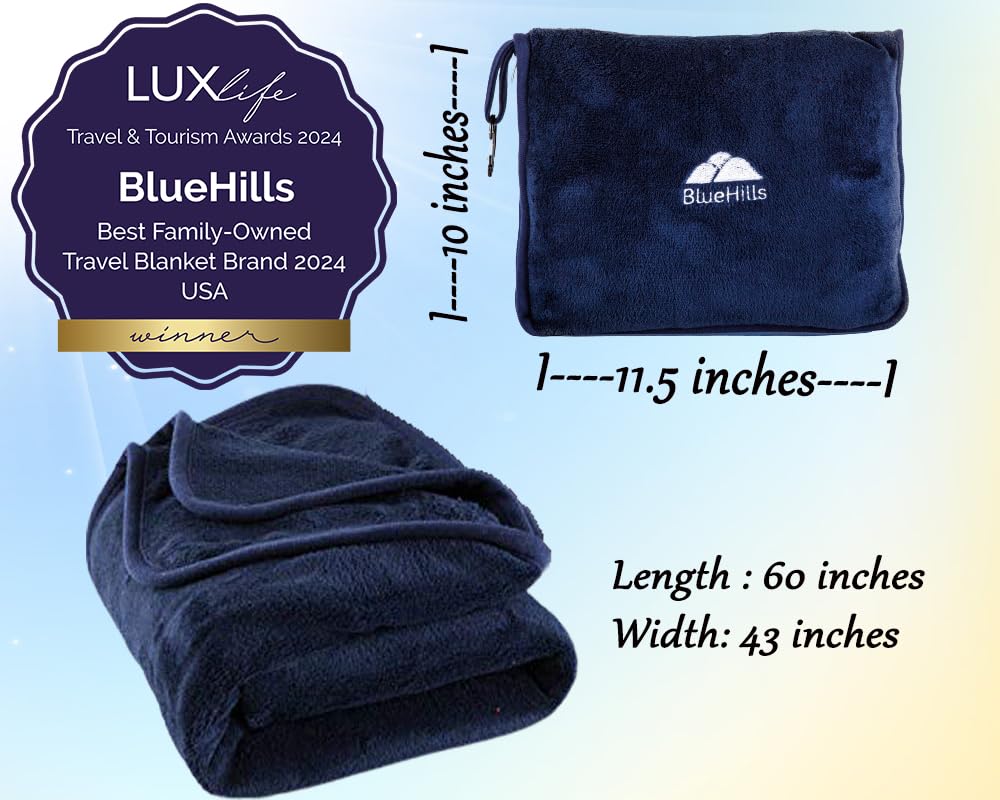 BlueHills Premium Soft Travel Blanket Pillow Airplane Blanket Packed in Soft Bag Pillowcase with Hand Luggage Belt Compact Pack Large Long Flight Essentials Portable Navy Blue T002