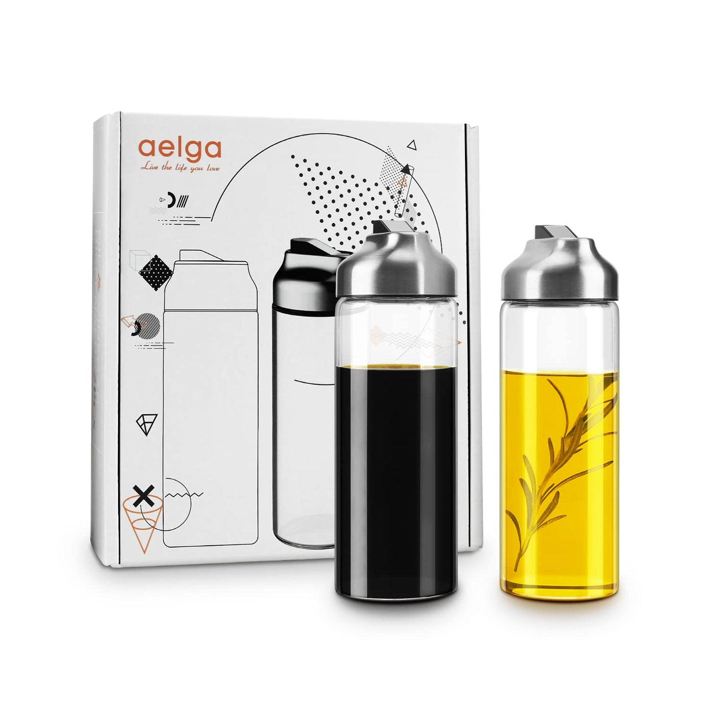 Aelga Olive Oil Dispenser - 14 OZ Glass Oil and Vinegar Dispenser Bottles Set for Kitchen No Drip-Set of 2