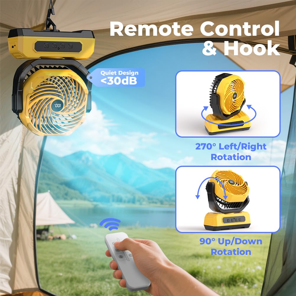 30000mAh Portable Camping Fan with RGB Lantern, Rechargeable Battery Powered Oscillating with 4 Wind Speeds LED Display, Remote Control Timer Tent Beach Cordless USB Fans for Travel Home Outdoor