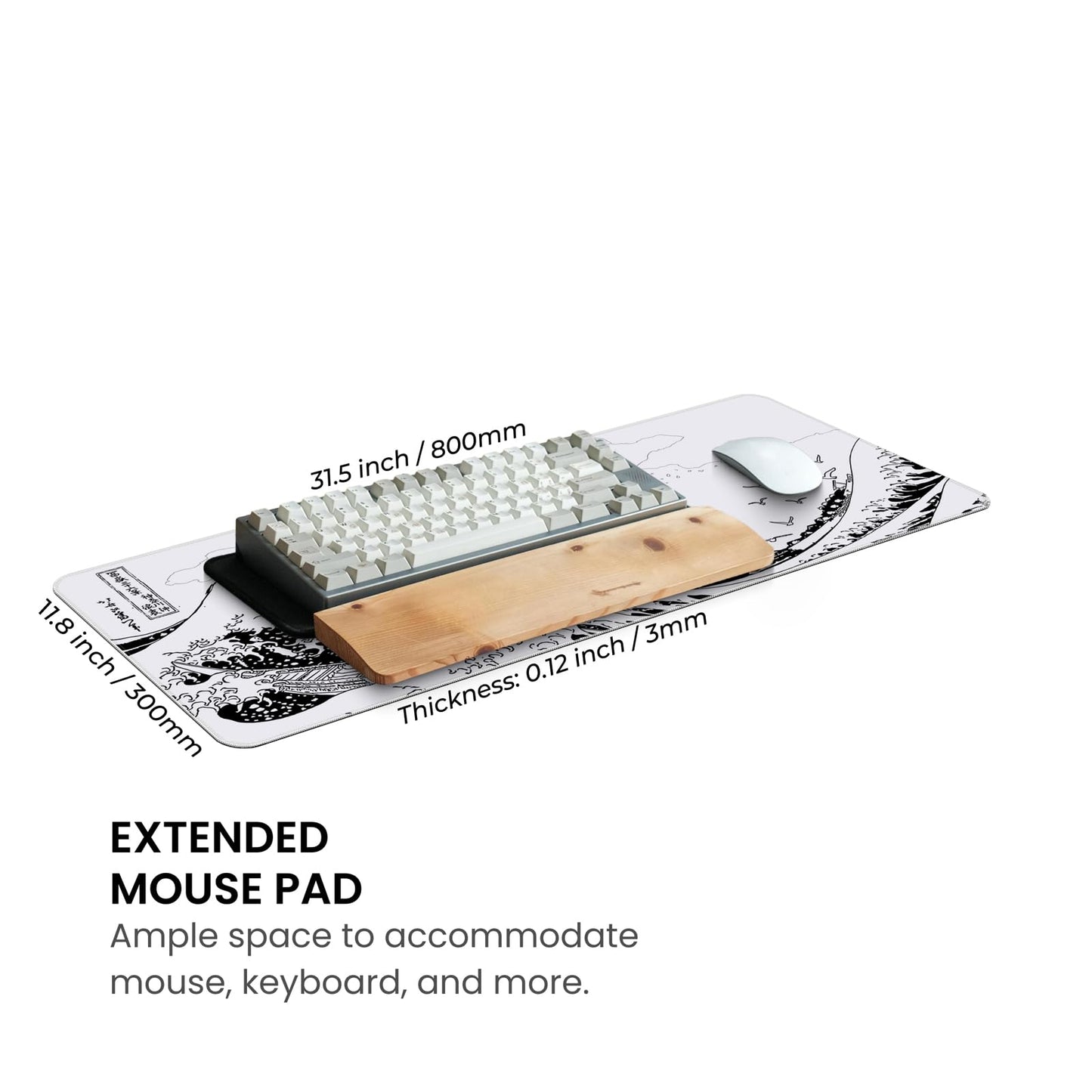 BLITZPAW Long Gaming Mouse Pad 31.5 x 11.8 inches, Extended Anime Mousepad, Large Mouse Mat with Non-Slip Base, Full Keyboard Mat with Stitched Edges for Gaming and Office (Grey White Wave)