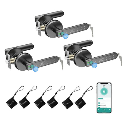 BIWIBON Smart Door Knob - 5 in 1 with Smart APP, IC Cards, Password, Backup Keys - Fingerprint Door Knob with Keypad for Bedroom, Office, Apartment - Black, 3 Pack