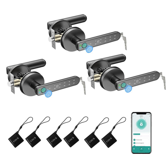 BIWIBON Smart Door Knob - 5 in 1 with Smart APP, IC Cards, Password, Backup Keys - Fingerprint Door Knob with Keypad for Bedroom, Office, Apartment - Black, 3 Pack