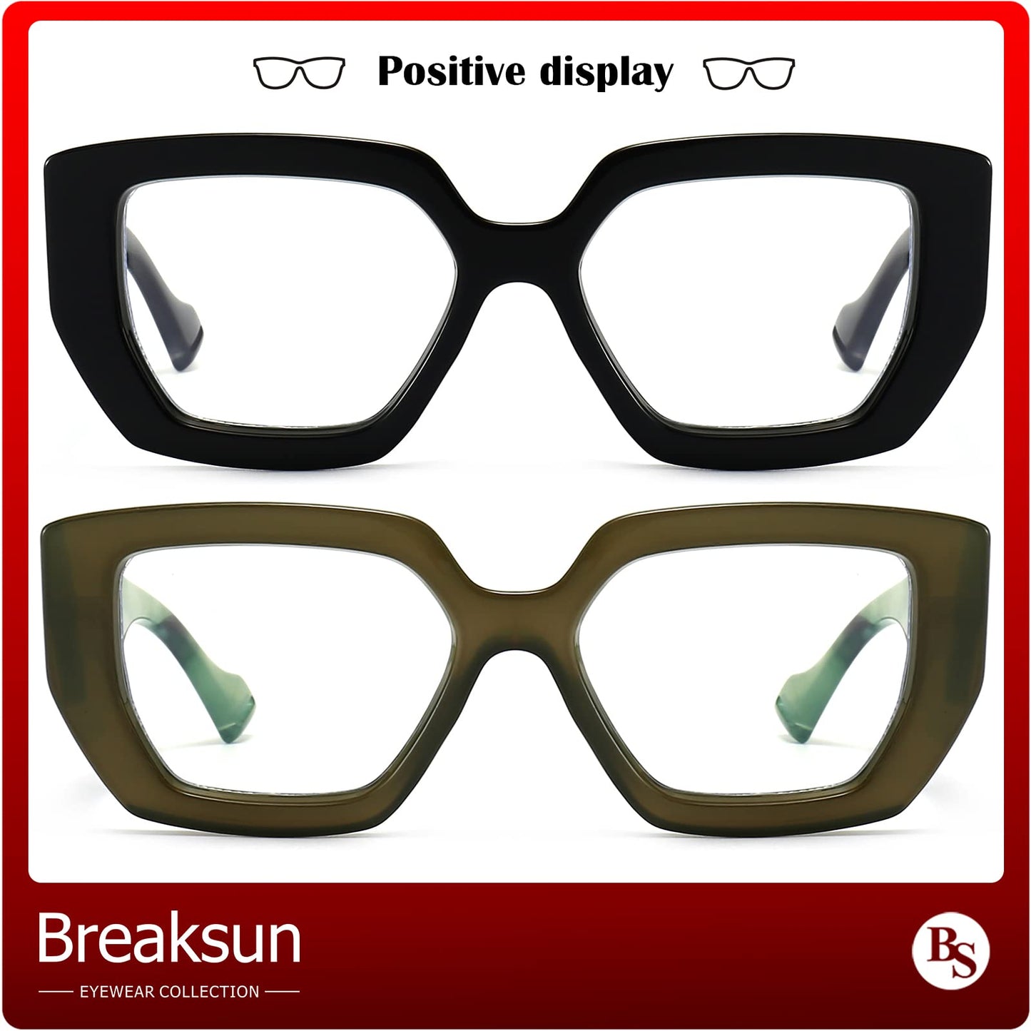Breaksun Thick Frame Blue Light Glasses for Women Men Fashion Oversized Square Computer Gaming Eyeglasses (Black+ Olive green)