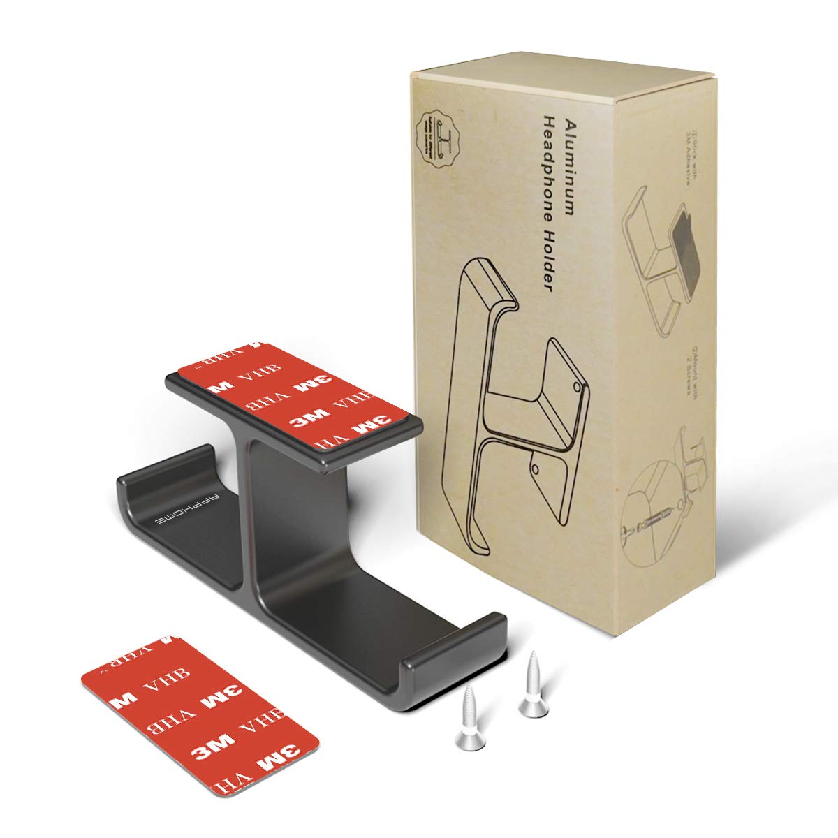 APPHOME Headphone Hanger Stand Under Desk Hook Aluminum Stick-On Adhesive Dual Headsets Holder Mount PC Gaming Accessories for All Headphones