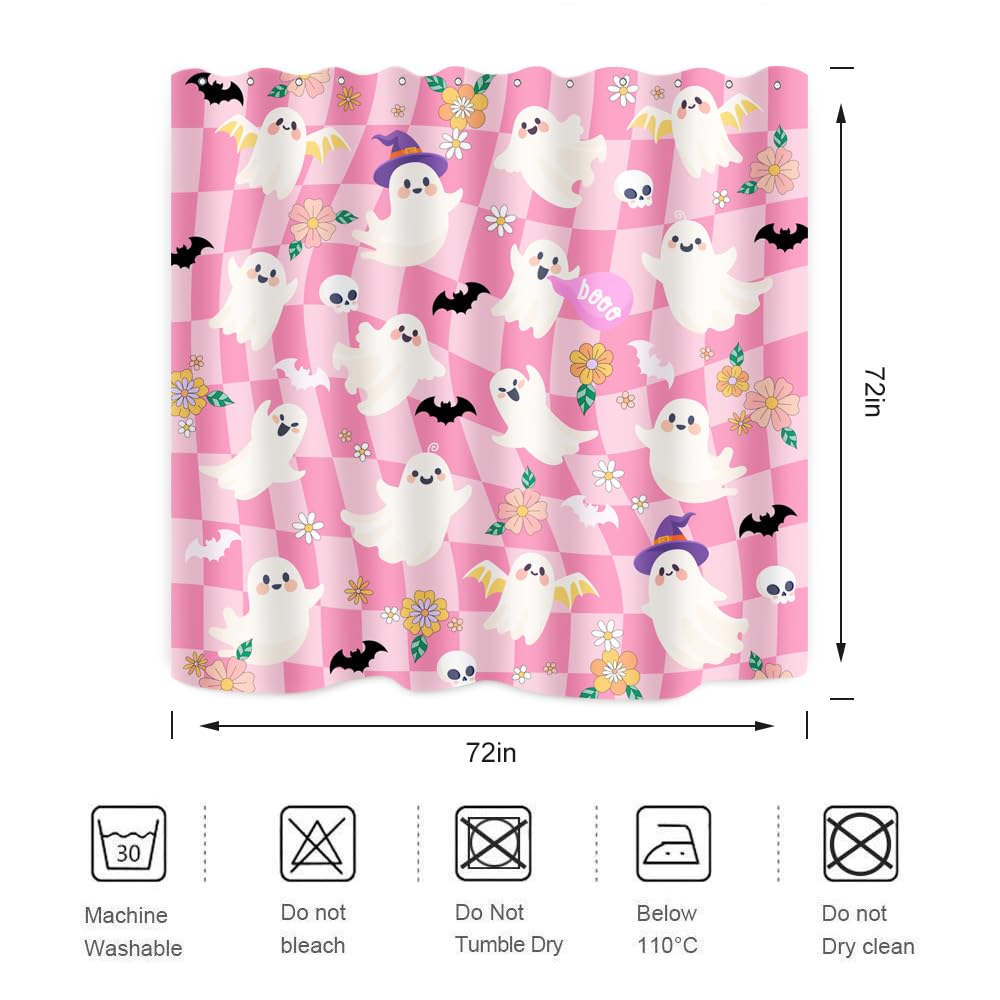 BIYSUC Halloween Ghost Shower Curtain Spooky Cute Funny Pink Checkered Retro Flower Skull Bat Trick or Treat Home Bathroom Decor Waterproof Polyester Fabric 72Lx72W Inch with Plastic Hooks