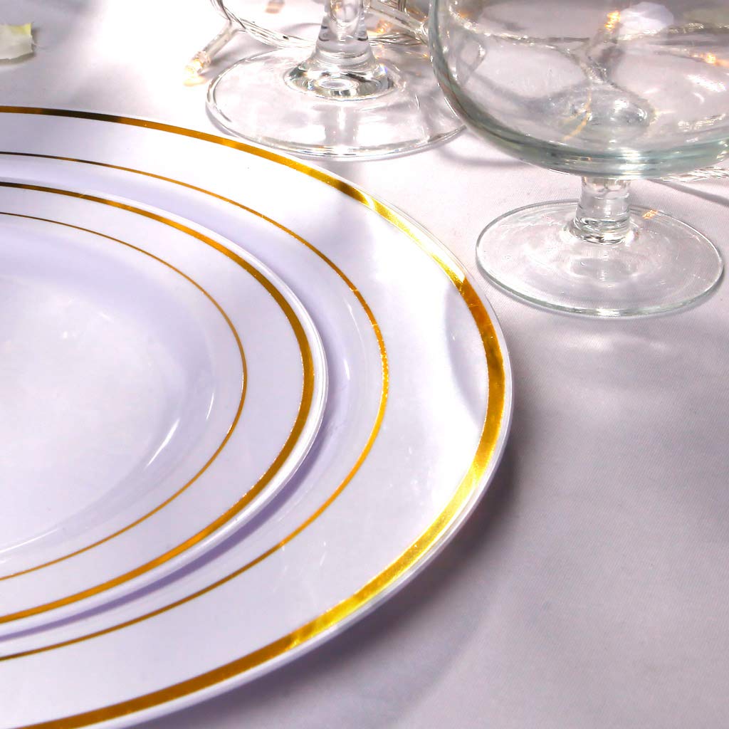 I00000 102 Pieces Gold Plastic Plates, Disposable Party Plates White Gold Rim, 51 Disposable Gold Dinner Plates 10.25 Inch and 51 Disposable Dessert Appetizer Elegant Fancy Wedding Plates 7.5 Inch