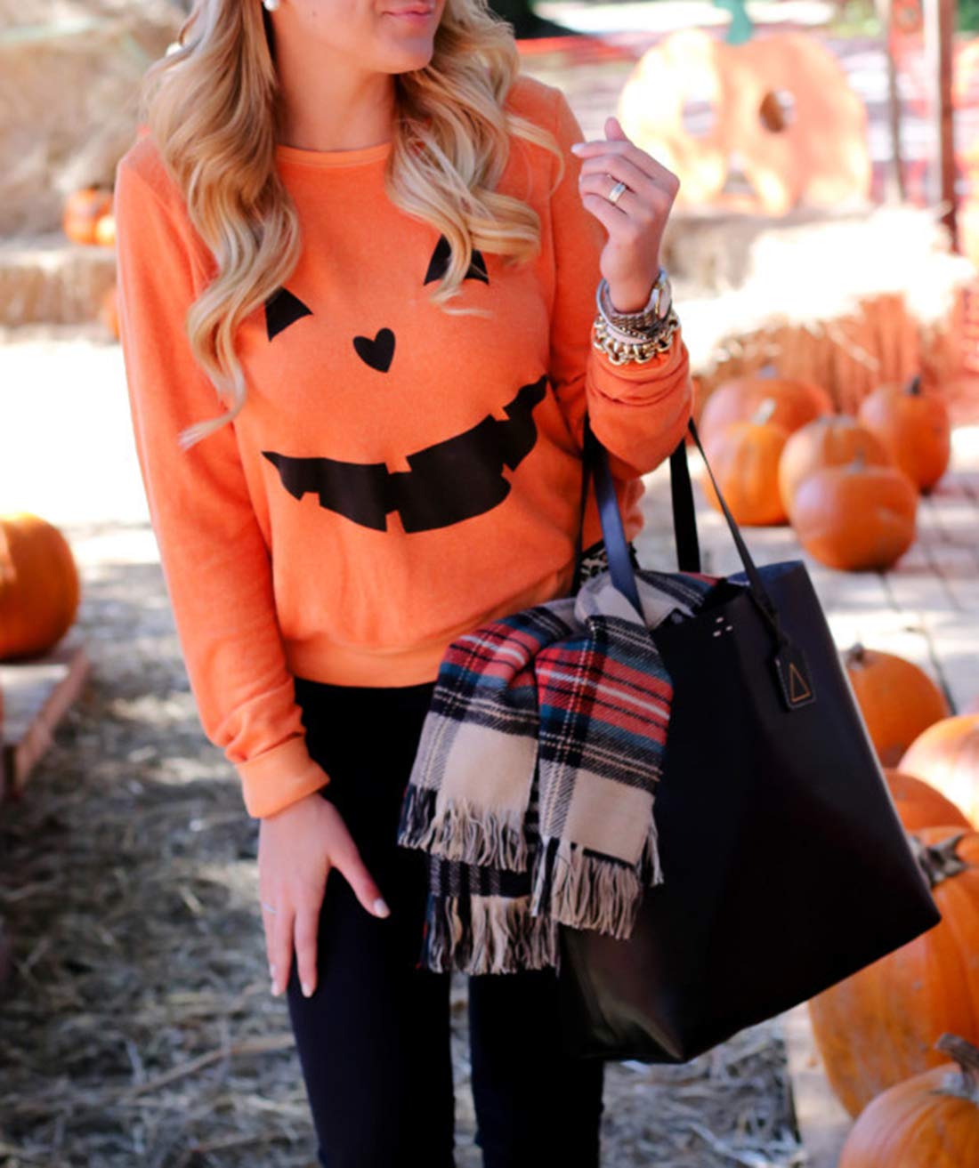 Women's Halloween Pumpkin Face Long Sleeve Sweatshirts Casual Pullover Tops size Large (Orange)