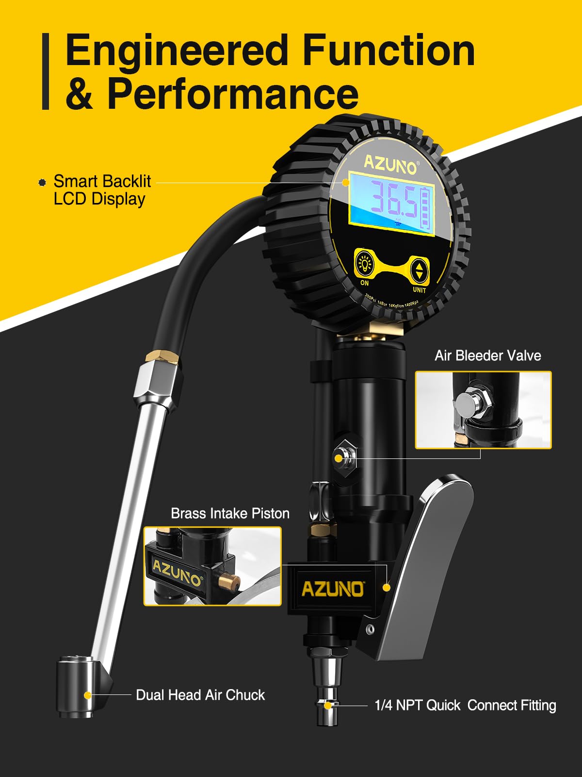 AZUNO Digital Tire Inflator with Pressure Gauge, 200 PSI, Heavy Duty Air Compressor Accessories, with Rubber Hose Lock on Air Chuck and Quick Connect Coupler, Comes with a Portable Carrying Box