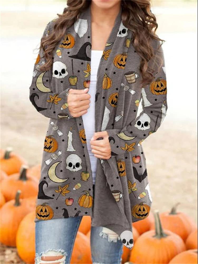 BOUTIKOME Women's Halloween Cat Pumpkin Cardigan Long Sleeve Open Front Knit Outwear Coat Plus Size Knitting Sweater Top(Gray, M)