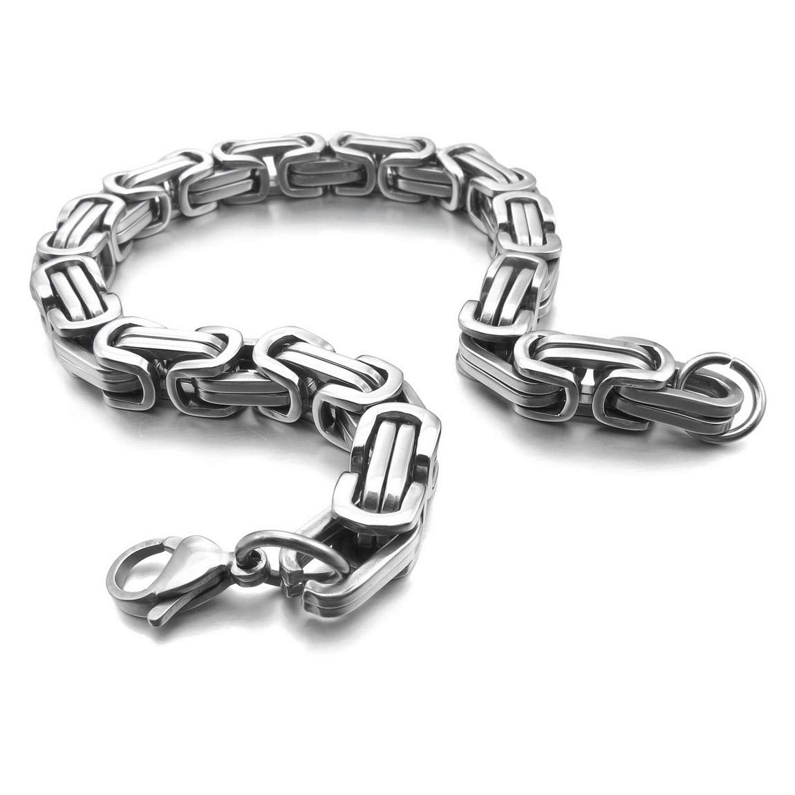 INBLUE 8mm Wide 316L Stainless Steel Bracelet Byzantine Link Chain Bracelet for Men Women Water Resistance (Color - Silver, Length - 9.0 Inch)