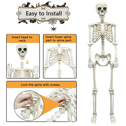 WODMAZ 5.4Ft Halloween Skeleton, Full Size Posable Skeleton with Glowing Eyes Creepy Sound, Full Body Life Size Skeleton and 2 Arm Stakes for Halloween Indoor Outdoor Haunted House Decorations