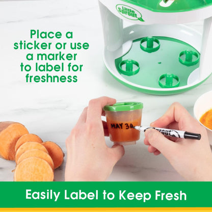 Baby Food Storage Containers w Write What You Want Lids (12 Pk) - 2oz Reusable Leakproof Plastic Jars & Tray- Freezer, Microwave & Dishwasher Safe- BPA/PVC Free, Compatible w Bullet Blender, Gift