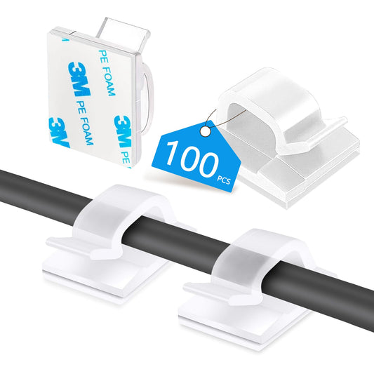 Abnii 100PCS Cable Clips, Adhesive Wire Clips Organizer Cord Clips Management, Cable Staples Outdoor Strong for Wall, Desk, Christmas Lights, String Lights, TV PC Ethernet Cable, Clear Small